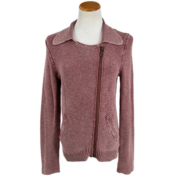 Free People Mauve Knit Sweater Cardigan Moto Jacket | Boho Coastal Grandmother M - Picture 2 of 16
